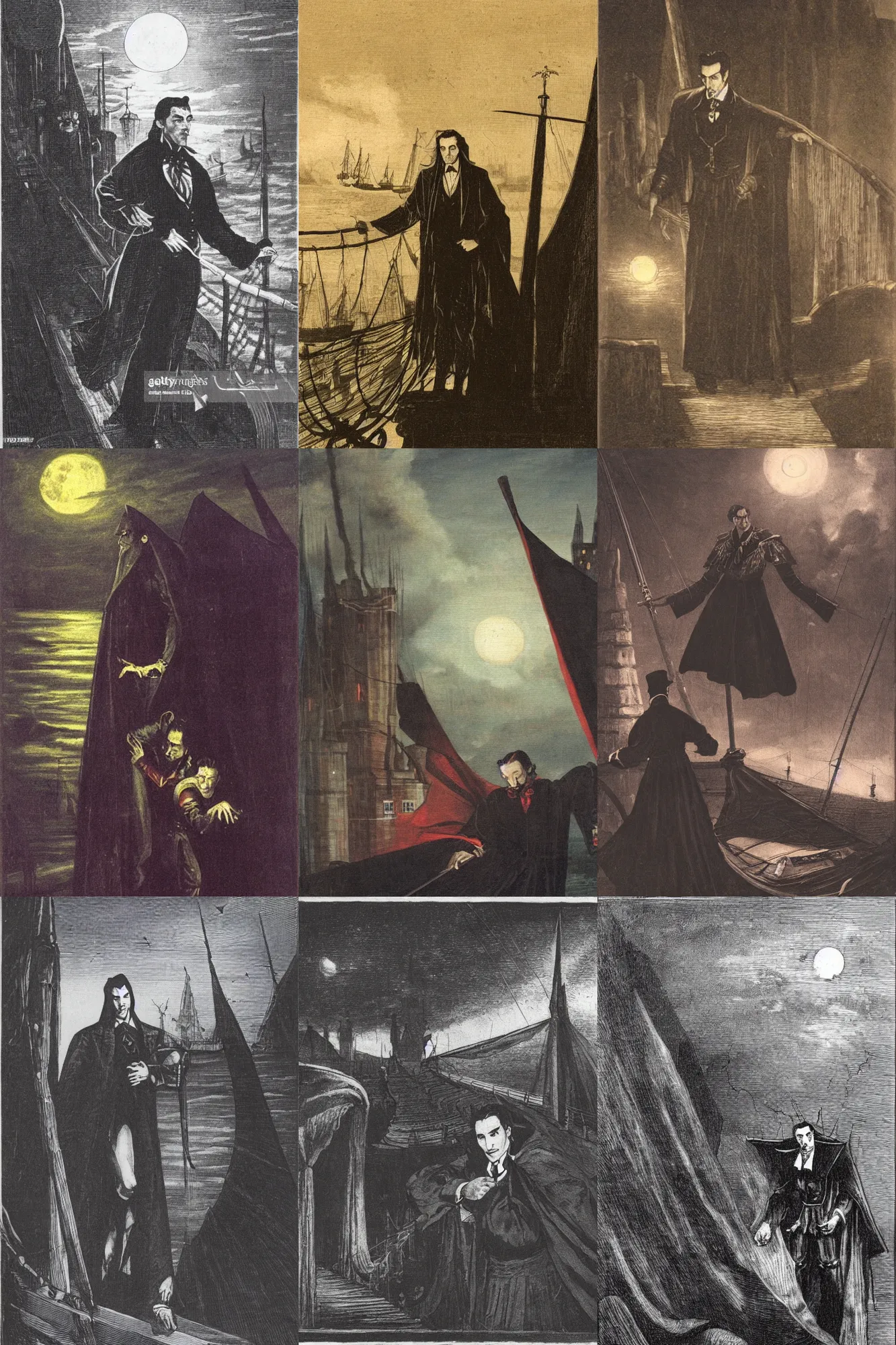 Prompt: dracula on deck of the demeter looking at the london docks at night