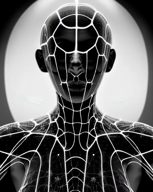 Prompt: black and white cyborg-plant goddess high quality photo, artificial intelligence, bio-mechanical bio-luminescence, artificial spider web, neurons, nerve cells, octane render, cinematic, hyper realism, photo-realistic, high detail, 8k, in the style of Steven Meisel and Dora Maar and H.G. Giger