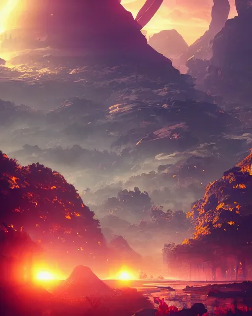 Prompt: beautiful landscape, nier automata, protoss!!, temple!!, machine planet, mothership in the sky, pink sun, tropical forest, colorful light, advanced technology, cinematic lighting, highly detailed, masterpiece, art by bastien grivet and darwin cellis and jan urschel