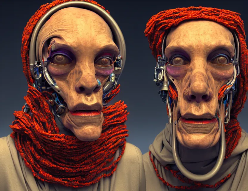 Prompt: cinematic bust portrait of psychedelic ugly robo - cyborg granny, a scarf tied on the head, by jean giraud, trending artstaition, unreal engine