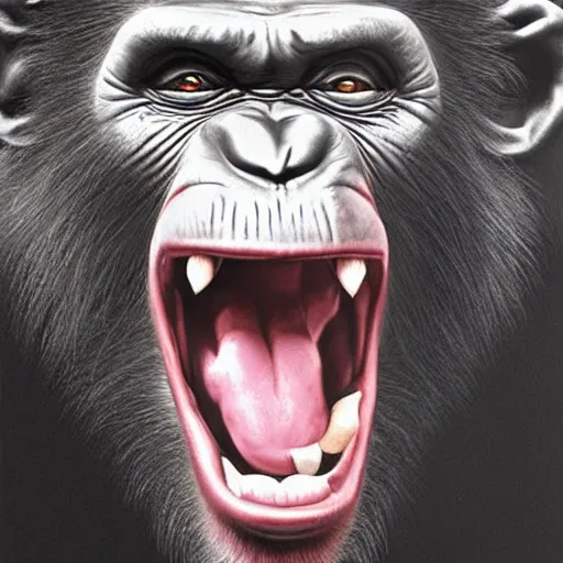 Image similar to Strong Angry Chimpanzee Screaming, Boris Vallejo, Epic, 8k resolution, ArtStation, Hyperrealistic