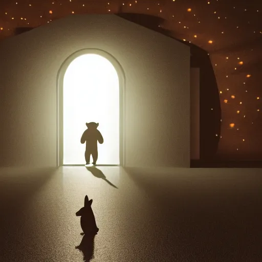 Prompt: photograph of a small bear mascot with a spotlight on him walking through a large doorway