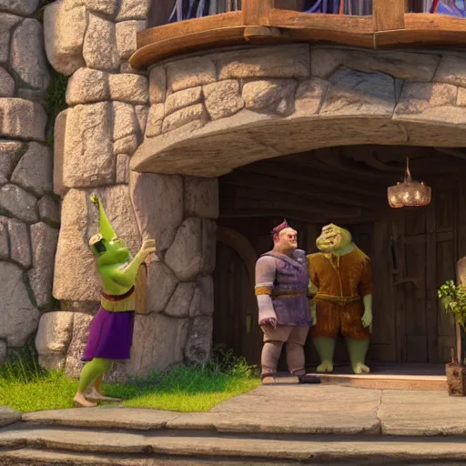 Image similar to film still from live action shrek movie, 8k photography - H 768