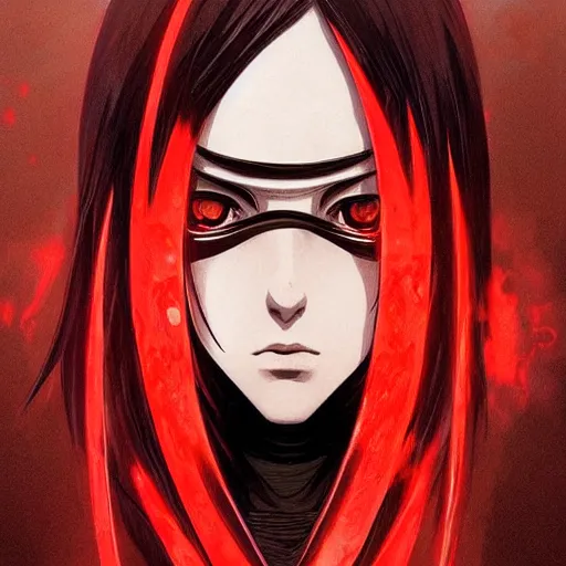 Itachi uchiha, red background, sharp, intense look on Craiyon