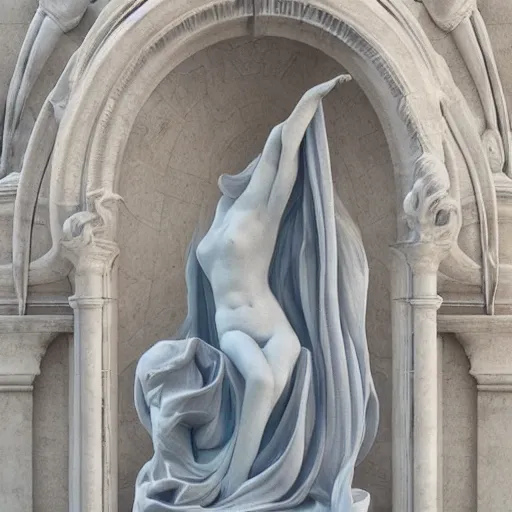 Image similar to “a delicate renaissance marble sculpture covered with water veil, highly detailed transparent marble cloth, gi, global illumination, physically based rendering, photorealistic, top light , dark background”