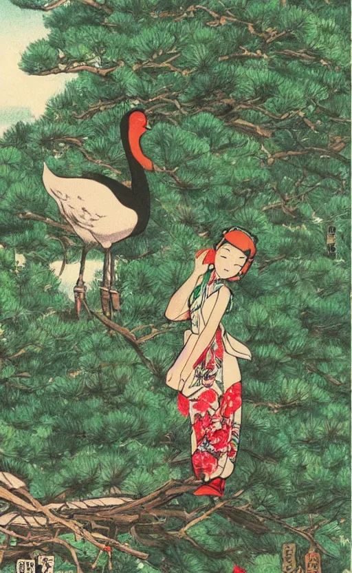 Image similar to girl next to a japanese crane bird in japanese pines, trading card front, kimono, realistic anatomy, concept art, professional, by studio ghibli, miyakazi, stunning, sun in the background