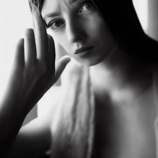 Image similar to black and white fashion photograph highly detailed portrait of a depressed beautiful 35 years old model woman standing by the window, natural light, lomo, fashion photography, film grain, soft vignette, sigma 85mm f/1.4 1/10 sec shutter