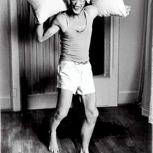 Image similar to jim varney has a nice new perm, he decides to have a pillow fight with jim varney in a white tank top. jim varney is on the bed pillow fighting with jim varney laughing having a great time playing with his jim award winning jim photography stunning hilarious pillow fight jim laughing