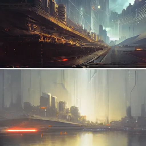 Image similar to gigantic cyberpunk megastructure, size comparsion, night, dramatic lighting, chiaroscuro, high detail, painted by greg rutkowski, painted by igor kieryluk, painted by raymond swanland, trending on artstation