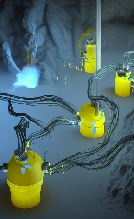 Prompt: liquid nitrogen with yellow water-cooling coolant flowing through latent representations of dark ice caverns undergoing centrifugal forces, illuminated by computer circuitry sticking out the walls, high detail, high contrast, low-poly elements, 90s low poly render, 4k upscaling