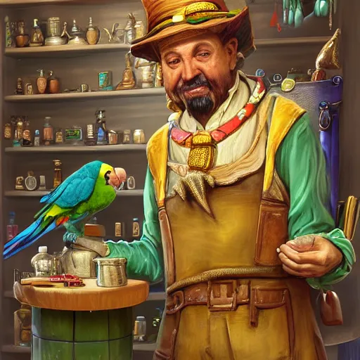 Image similar to Anthropomorphized parrot trader in his shop, selling his wares, portrait, items, gold, magic potions, carpet, window, fancy hat, sly expression , cunning expression, cute expression, long thick shiny gold beak, presenting wares, holding an item, D&D, fantasy, cinematic lighting, highly detailed, digital painting, artstation, concept art, smooth, sharp focus, illustration, warm light, cozy warm tint, magic the gathering artwork, volumetric lighting, 8k, art by Akihiko Yoshida, Greg Rutkowski