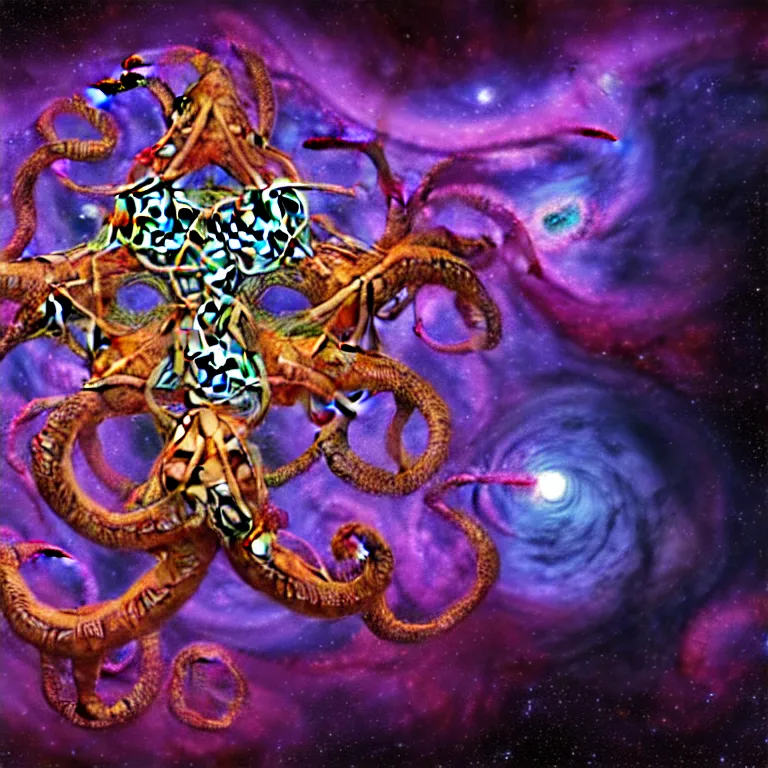 Image similar to a dramatic and beautiful digital matte painting of large space octopus with legs made of fractal celtic knots floating in front of beautiful nebulae, trending on cgartist, hi-fructose, mandala, ultra detailed 8k