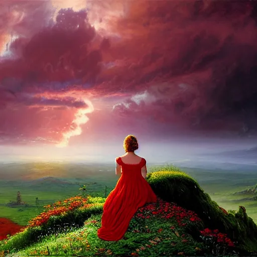 Image similar to an elegant fairy queen in a red lace dress sitting and looking out at a lord of the rings scenery landscape, vast lush valley flowers and giant mushroom structures, river, sunrise, god's rays highly detailed, vivid colour, soft clouds, floral sunset, cinematic lighting, perfect composition, 8 k, gustave dore, derek zabrocki, greg rutkowski, belsinski