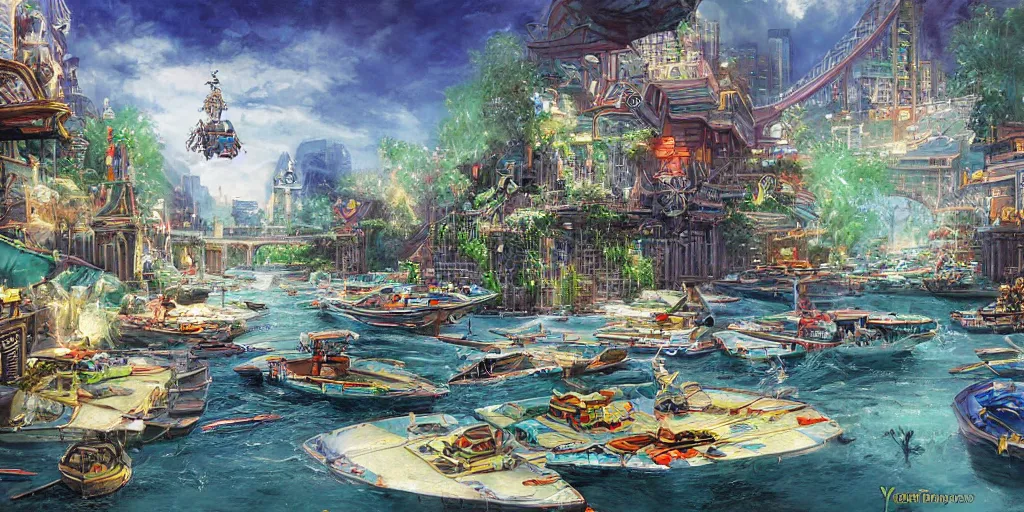 Image similar to magic city with with rivers and aqueducts as streets. various boats. mtg. magic the gathering by yeong hao han