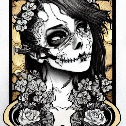 Image similar to anime manga skull portrait girl female tattoos skeleton illustration detailed style by Alphonse Mucha pop art nouveau detailed pattern