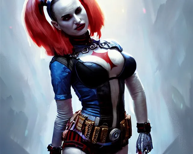 Image similar to highly detailed portrait of natalie portman as harley quinn, in batman : arkham knight, stephen bliss, unreal engine, fantasy art by greg rutkowski, loish, rhads, ferdinand knab, makoto shinkai and lois van baarle, ilya kuvshinov, rossdraws, tom bagshaw, global illumination, radiant light, detailed and intricate environment