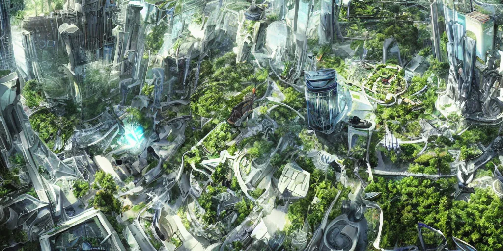 stabilityai/stable-diffusion · A solarpunk city, light, HD, pure, sharp  focus, nature, forest, city, utopian, 16:9