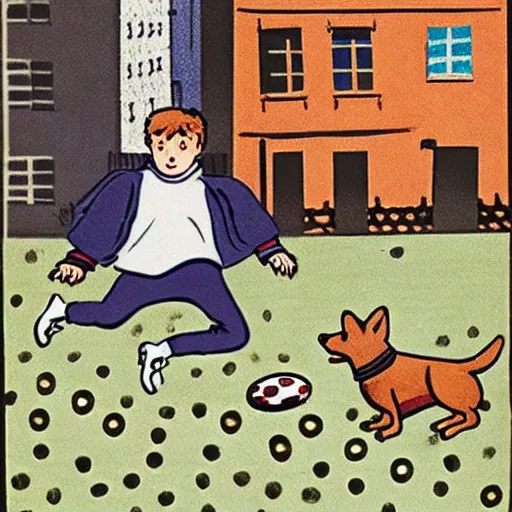 Image similar to book illustration of a french boy on the streets of paris playing football against a corgi, the dog is wearing a polka dot scarf, 1 9 6 6