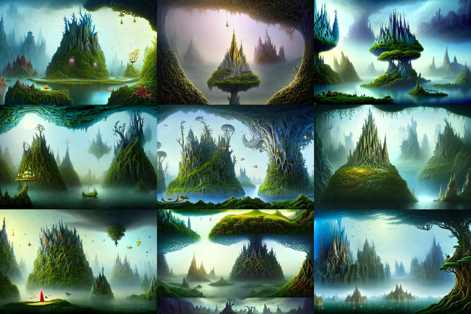 Prompt: an epic stunning beautiful and insanely detailed matte painting of magical floating tree islands in a dream world with surreal cathedral architecture designed by Heironymous Bosch, dream world populated with whimsical creatures, mega structures inspired by Heironymous Bosch's Garden of Earthly Delights, vast surreal landscape and horizon by Asher Durand and Cyril Rolando and Andrew Ferez, masterpiece!!!, grand!, imaginative!!!, whimsical!!, epic scale, intricate details, sense of awe, elite, wonder, insanely complex, masterful composition!!!, sharp focus, fantasy realism, dramatic lighting