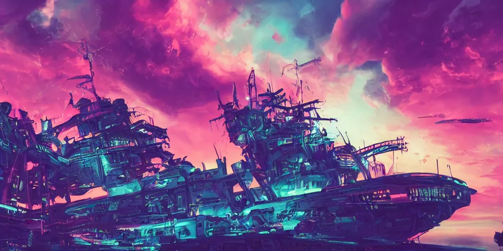 Prompt: space, pirate neon ship with punks on board, mohawks, neon, oil painting, pink, rich deep colors masterpiece, ultra detailed, contrast, heaven pink, lots of roman arches, punk rock with mohawks, clouds, sky, volumetric light, atmospheric lighting, dramatic, cinematic, moody, octane render 4 k, 8 k