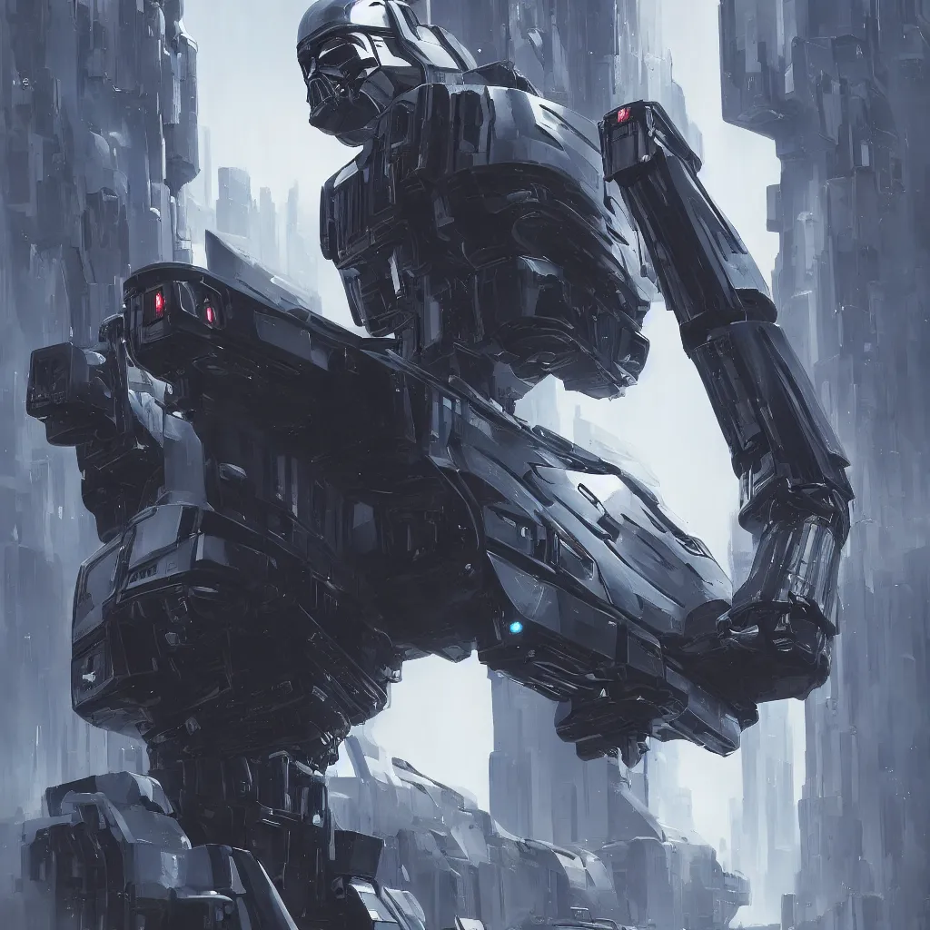 Prompt: Portrait of a mech, cyberpunk darth vader style, high detail, by Makoto Shinkai and Raphael Lacoste, trending on artstation