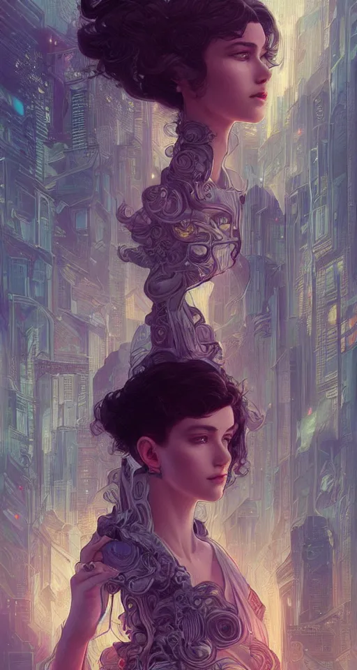 Image similar to beautiful young girl vaporwave aesthetic, synthwave, intricate, elegant, highly detailed, digital painting, in bladerunner city, artstation, concept art, smooth, sharp focus, illustration, art by artgerm and greg rutkowski and alphonse mucha