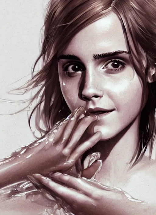 Image similar to a highly detailed illustration of emma watson washing hair, dramatic smiling pose, perfect face, intricate, elegant, highly detailed, centered, digital painting, artstation, concept art, smooth, sharp focus, league of legends concept art, wlop