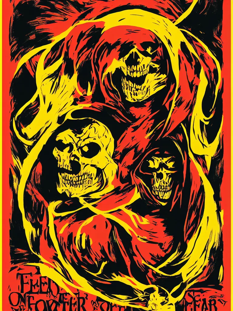 Image similar to poster of skeletor with the word fear, red yellow orange black and cream colors, poster by shepard fairey