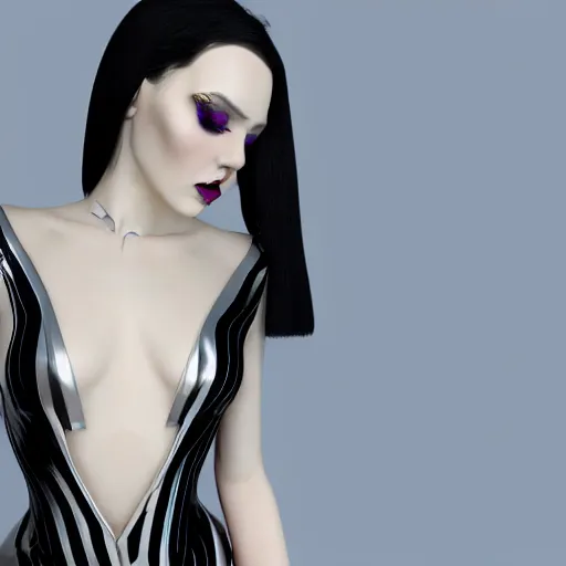 Prompt: comforting portrait of a pale hot goth woman with elegant multilayered gold-blue-silver tight leather high-neck striped dress, curvy thin waist, photorealistic, sublime, 16k, smooth, sharp focus, cgsociety, trending on ArtStation, volumetric lighting