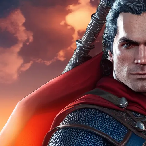 Image similar to Henry Cavil as medieval Superman, Witcher 3 style, unreal engine, cinematic, game, screen capture, hyper realistic, details, ray tracting, rtx, 4k