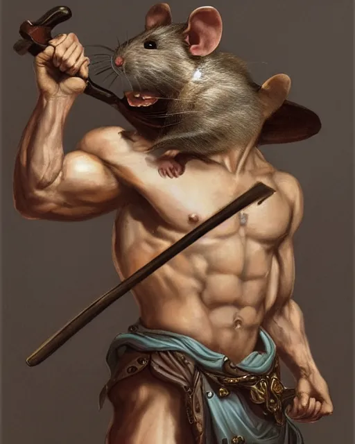 Image similar to baroque portrait of a male were-rat with the head of a rat. he is very muscular. he is wielding an axe. 4K trending on artstation by peter mohrbacher