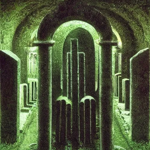 Prompt: ossuary cemetary segmented shelves overgrown, graveyard, vertical shelves, zdzisław beksinski, hr giger, mystical occult symbol in real life, high detail, green fog