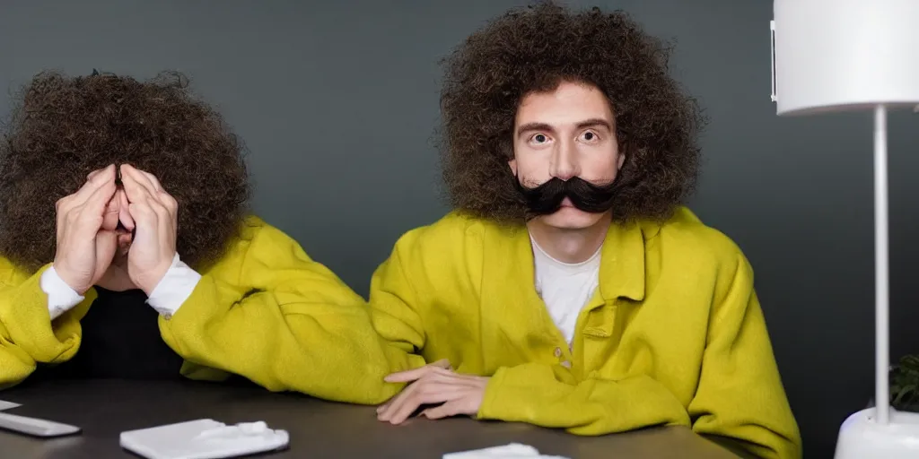 Image similar to french white man with puffy hair, mustache and a green sitting on a black chair in his room looking at the camera, photorealistic, webcam, yellow lightning