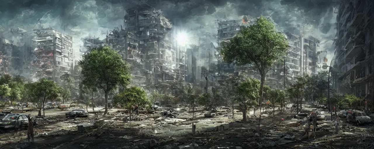 Image similar to A post-apocalyptic city swept by disaster, tall destroyed buildings with plants, an enormous cherry tree blossoming in the middle, biopunk, realistic, digital art, lens flare,