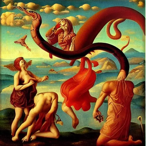 Prompt: surrealism renaissance painting of a flying snake god