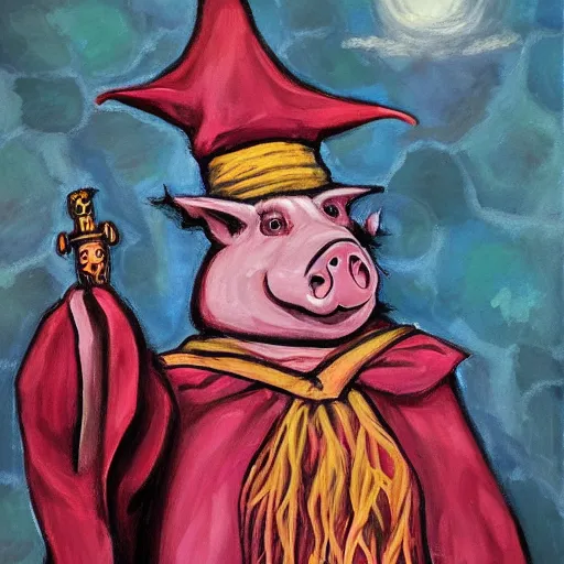 Image similar to Pig man wizard, D&D, oil painting, robes and wizard hat, magical