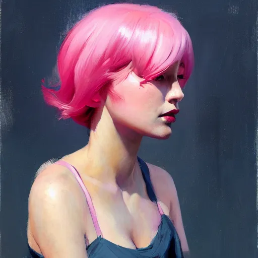 Image similar to greg manchess portrait painting of doradura, pink hair, pale, 1 8, medium shot, asymmetrical, profile picture, organic painting, rainy day, matte painting, bold shapes, hard edges, street art, trending on artstation, by huang guangjian and gil elvgren and sachin teng