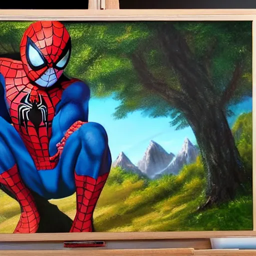 Image similar to a closeup photorealistic photograph of bob ross working on a canvas painting of spiderman. film still. brightly lit scene. mountains and trees. this 4 k hd image is trending on artstation, featured on behance, well - rendered, extra crisp, features intricate detail, epic composition and the style of unreal engine.