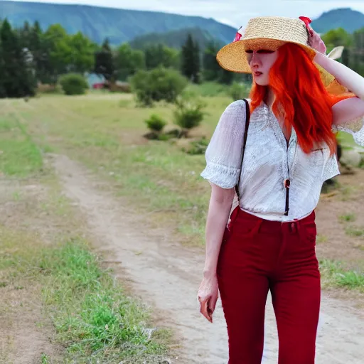 Prompt: red headed woman wearing a wide brimmed straw hat and a fanny pack