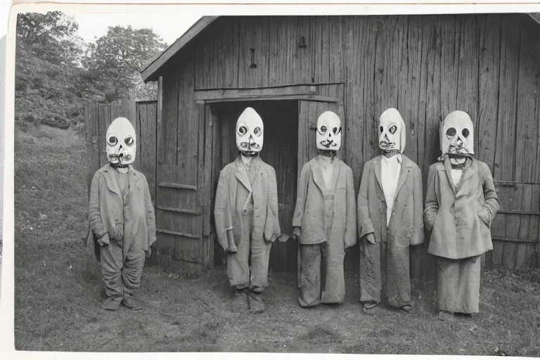 Image similar to vintage photo of villagers wearing weird masks outside a barn by hilla becher, eerie, bizarre, highly detailed shot, dramatic 8 k uhd