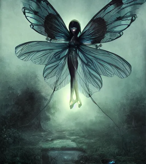 Image similar to gothic fairy with dragonfly wings, digital painting, liminal eerie midnight backlit, a picture taken by Michael Komarck and Daniel Ljunggren