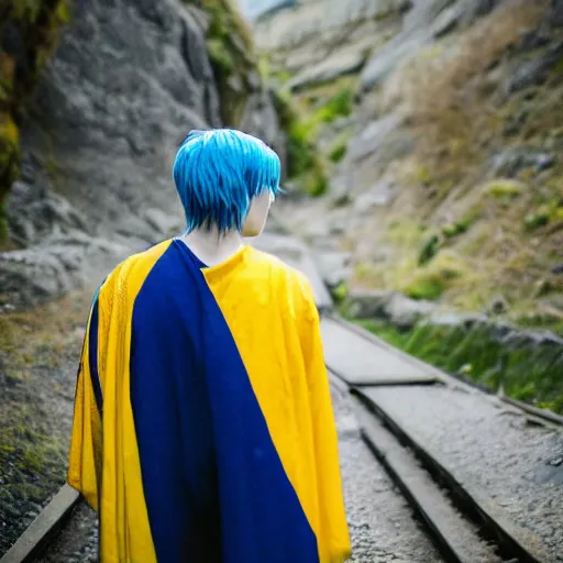 Image similar to rimuru tempest, young man blue hair yellow eyes, canon eos r 3, f / 1. 4, iso 2 0 0, 1 / 1 6 0 s, 8 k, raw, unedited, symmetrical balance, in - frame