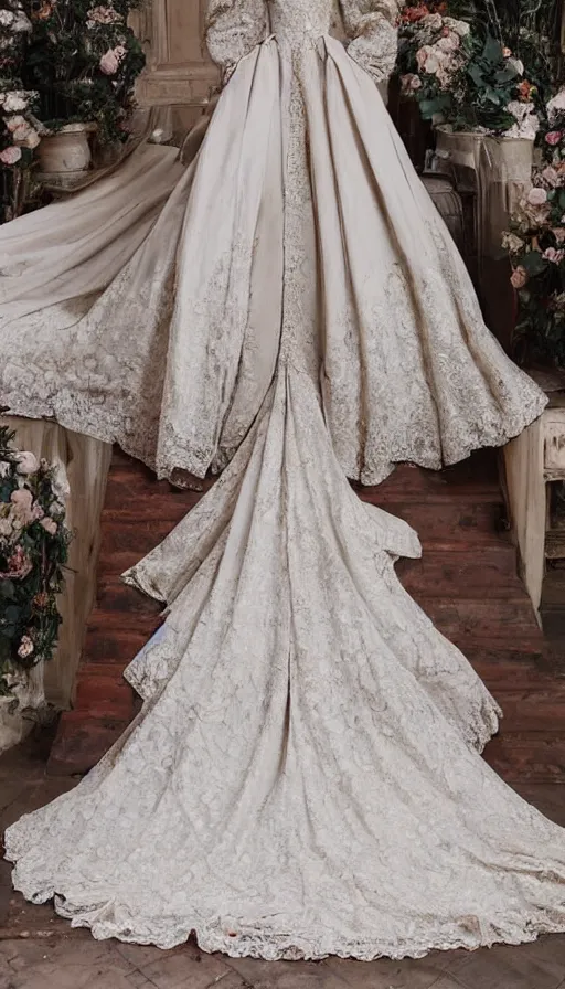 Prompt: long beautiful voluminous medieval court dress with train and embroidered flowers