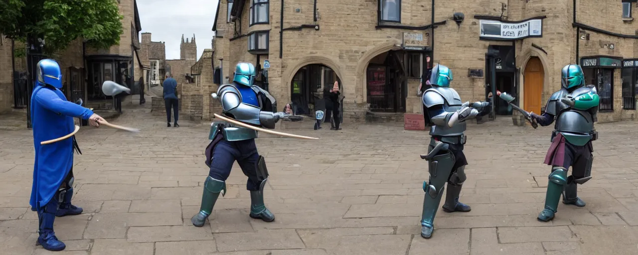 Image similar to two overweight mandalorians duelling on the streets of Rochester England with toilet plungers