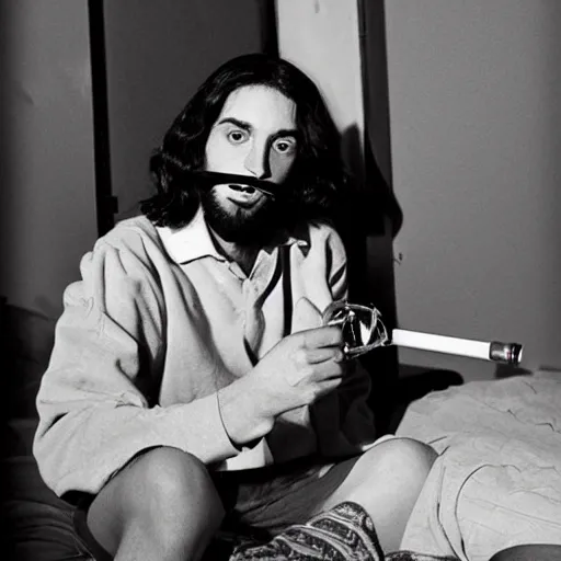 Prompt: jesus christ smoking bong in college dorm