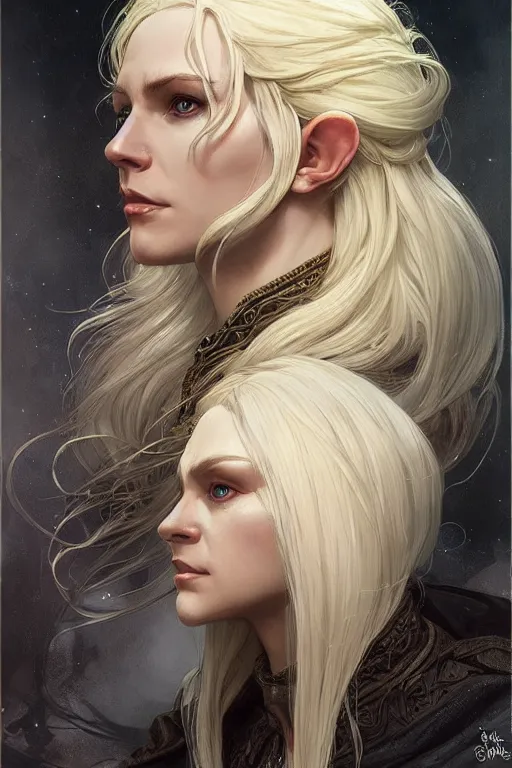 Image similar to portrait of an old blonde elven mage, dark, piercing eyes, gentle expression, elegant clothing, photorealistic, highly detailed, artstation, smooth, sharp focus, art by michael whelan, artgerm, greg rutkowski and alphonse mucha