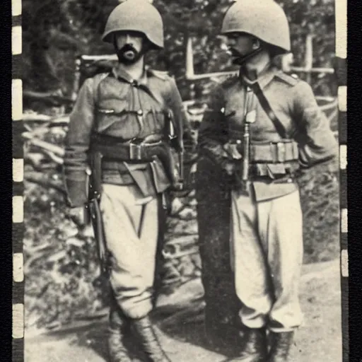 Prompt: Georgian soldiers guarding a checkpoint, 1936