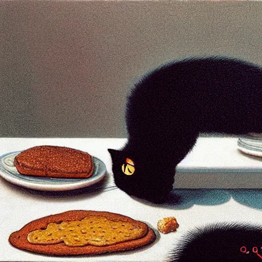 Prompt: black cat licking bread on a table, by Quint Buchholz