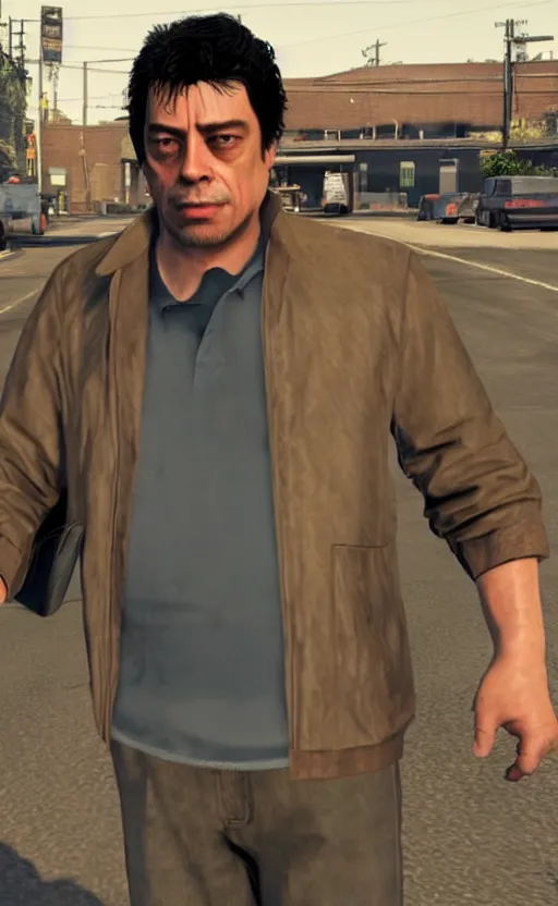 Prompt: benicio del toro in gta v as loading screen character