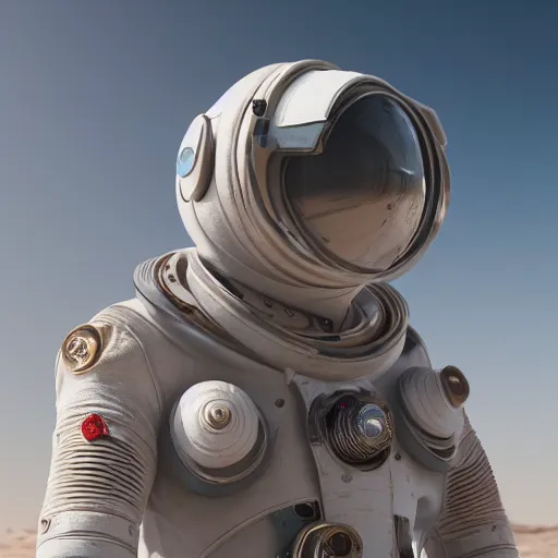 Prompt: portrait photography of a white steampunk space engineer suit, in an desert alien planet, ultra detail, beautiful light, high detail, 8 k, f / 2. 8, octane render